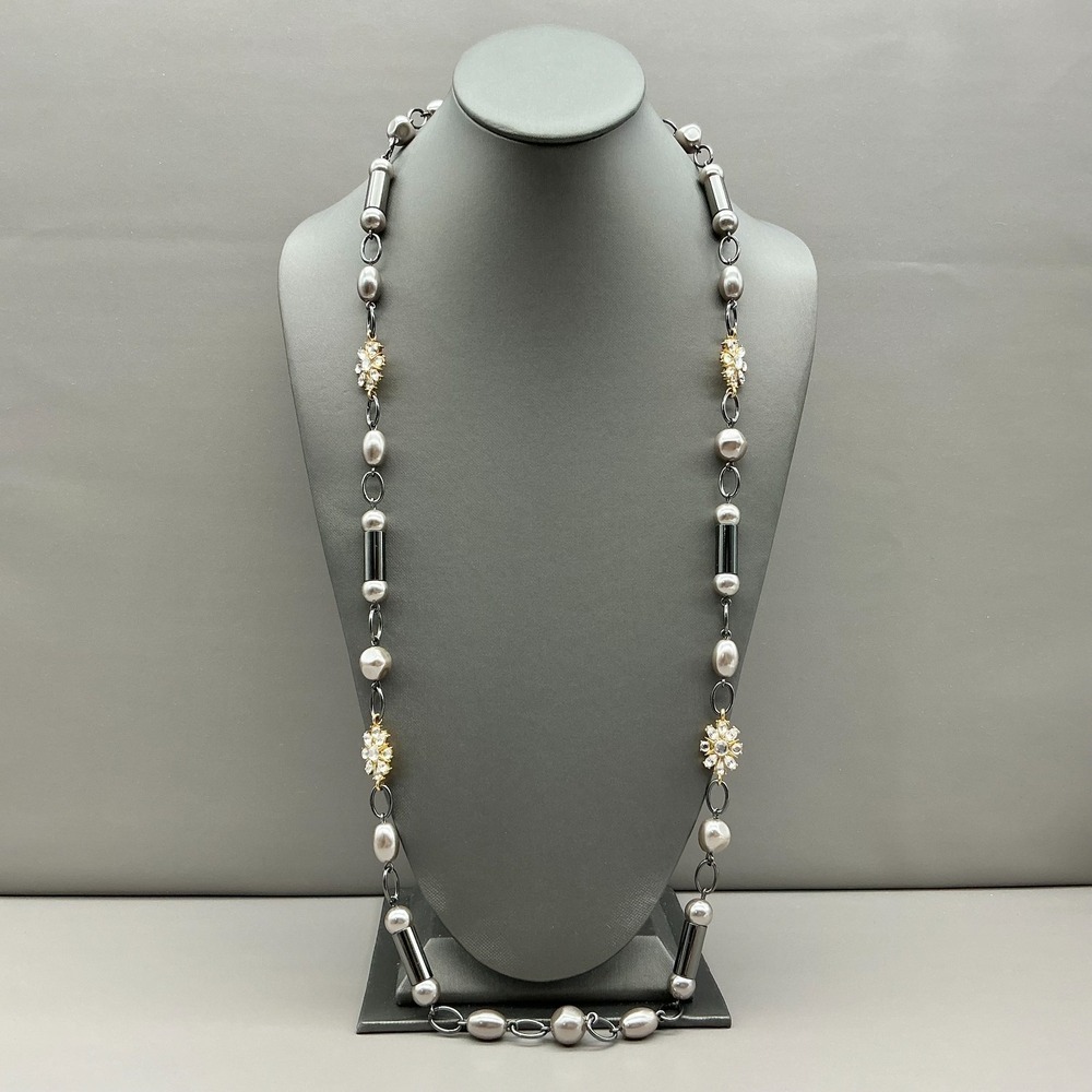 Lia‎ Sophia Gunmetal Faux Pearl Crystal Floral Station Necklace Retired 28 Inch